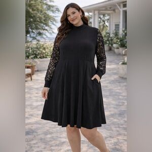 Torrid Black Lace Sleeve Dress Size 1 Long Sleeve A-Line Knit Plus Size